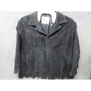 Vintage 70s Excelled Fringe Suede Leather Jacket Black Western USA Size 4X